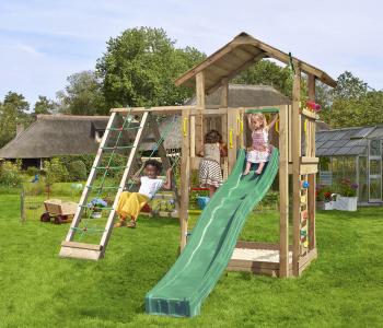 Jungle Chalet | Parque infantil de madera con columpio y red de escalada