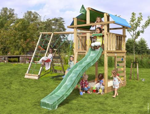 Jungle Fort | Parque infantil de madera con columpios y red de escalada