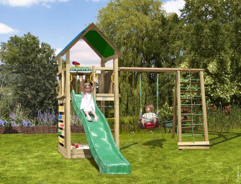 Jungle Lodge | Parque infantil de madera con columpio y red de escalada