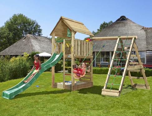 Jungle Cabin | Parque infantil de madera con columpio y red de escalada