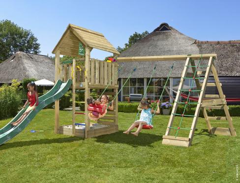 Jungle Cabin | Parque infantil de madera con columpios y red de escalada