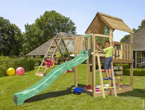 Jungle Cubby | Parque infantil de madera con columpios y red de escalada
