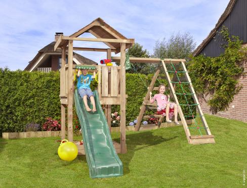 Jungle House | Parque infantil de madera con columpio y red de escalada