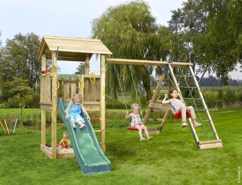 Jungle Casa | Parque infantil de madera con columpios y red de escalada